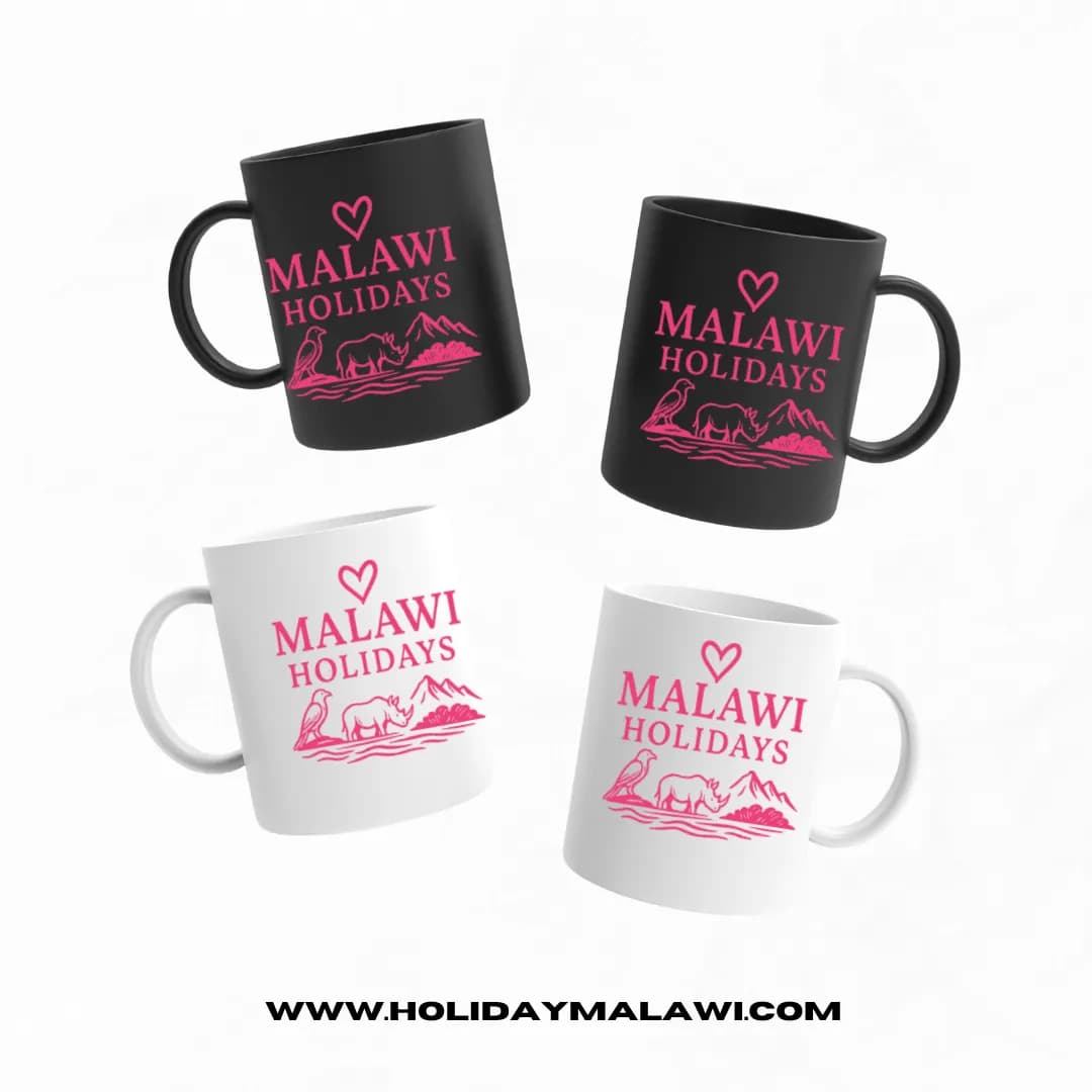 Malawi Holidays branded mugs in black and white
