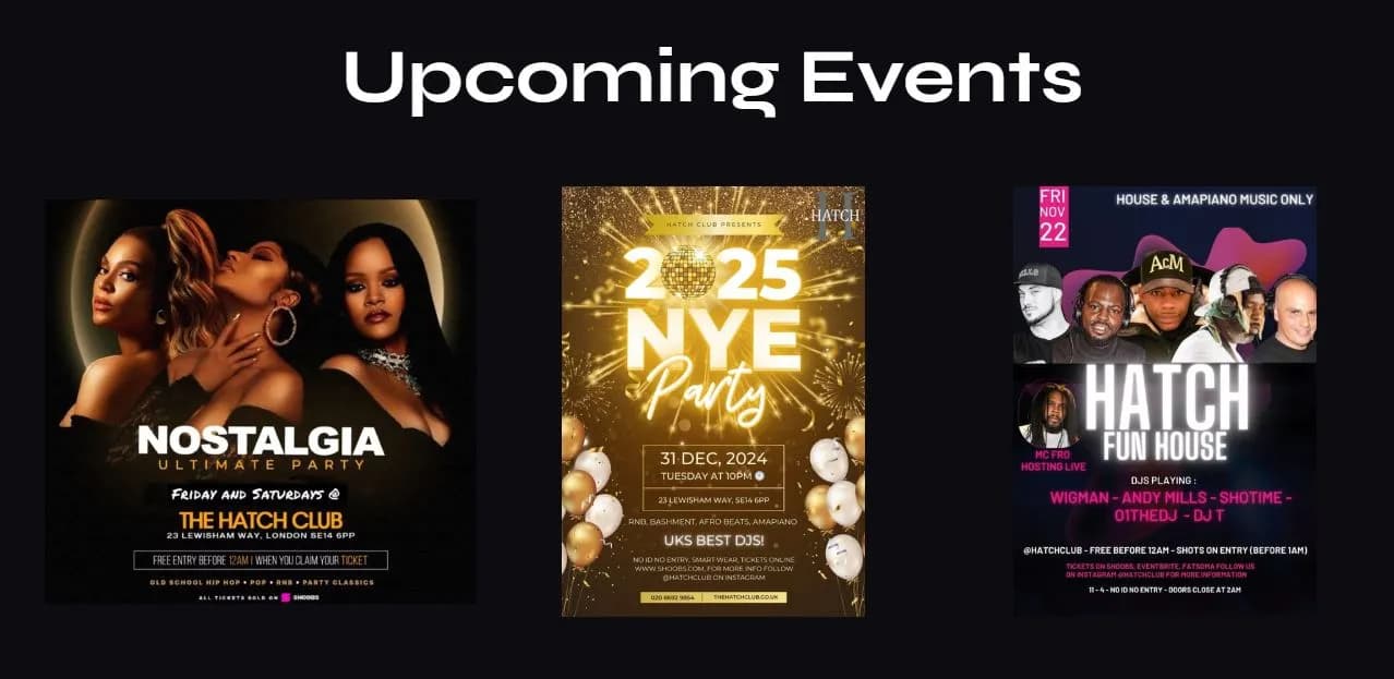 Upcoming events listing for The Hatch