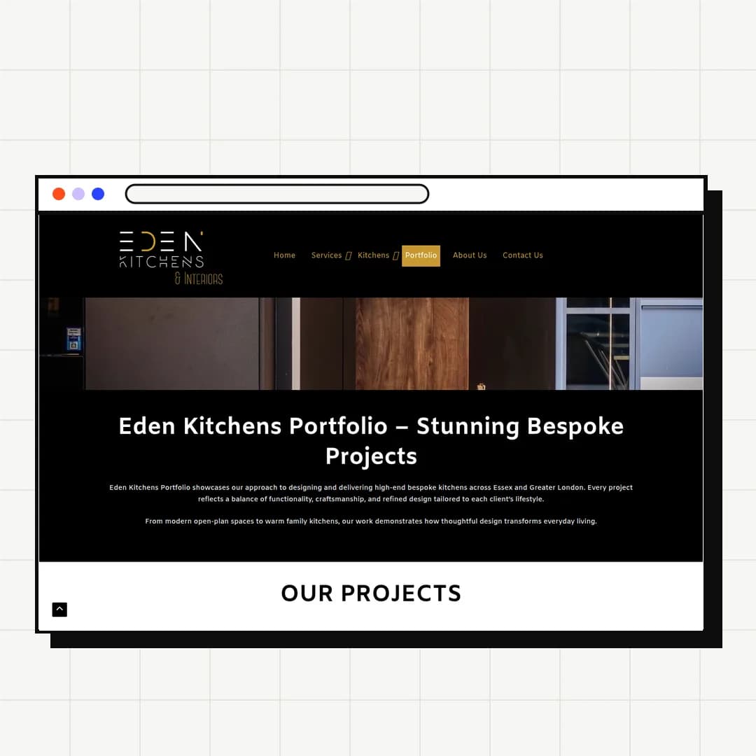 Eden Kitchens portfolio page in a desktop browser