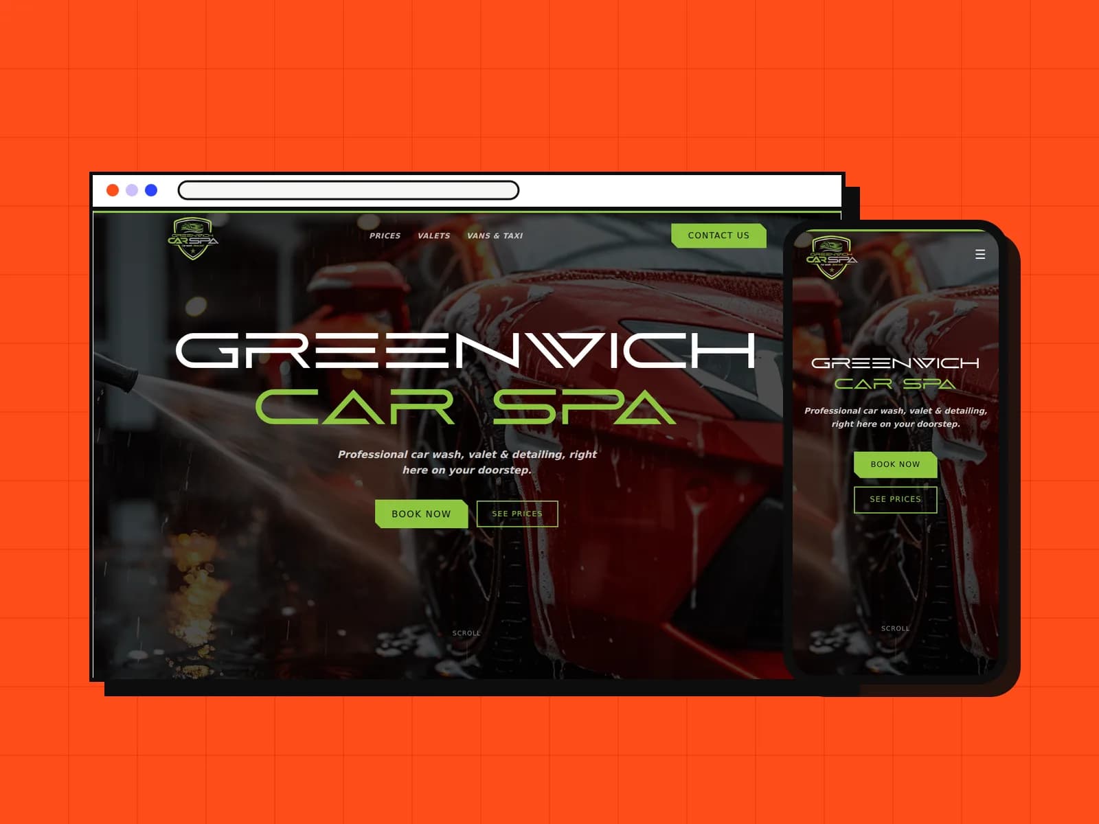 Greenwich Car Spa website on a laptop and a phone