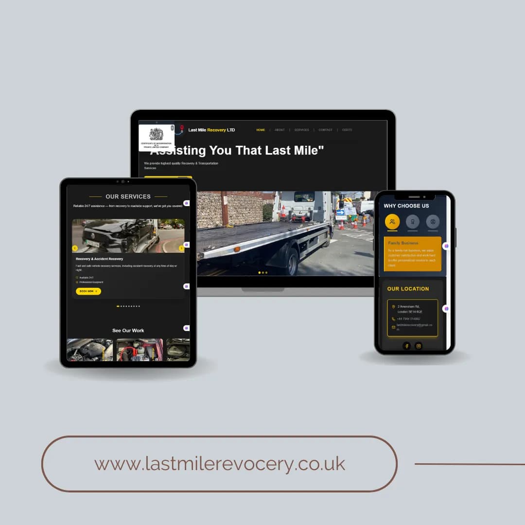 Last Mile Recovery website on a laptop, tablet and phone