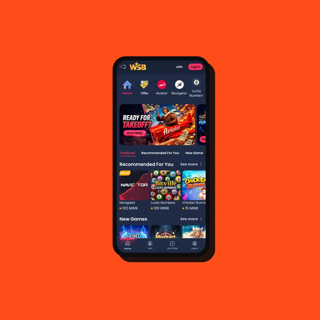WS Casino Malawi home page on a phone